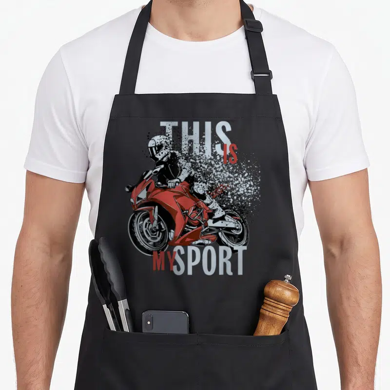Tablier de cuisine noir avec illustration motard sur sportive rouge et texte THIS IS MY SPORT