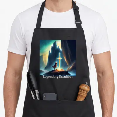 Tablier de cuisine noir avec une illustration d'une épée lumineuse et un guerrier face à des falaises bleues.