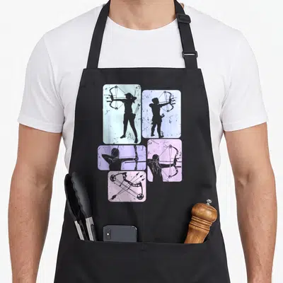 Tablier de cuisine noir avec cinq illustrations de silhouettes féminines tirant à l'arc sur fonds pastels.