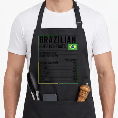 Tablier de cuisine noir avec étiquette nutritionnelle parodique et drapeau du Brésil imprimé en haut à droite.