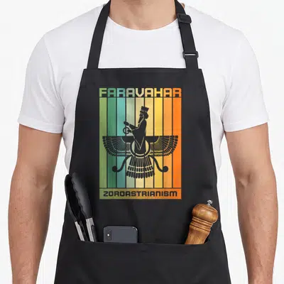 Tablier de cuisine noir avec le symbole Faravahar et l'inscription Zoroastrianism sur fond de bandes vertes, bleues et oranges.