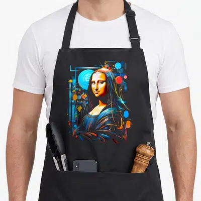 Tablier de cuisine noir avec une réinterprétation géométrique et colorée de la Mona Lisa sur le devant.