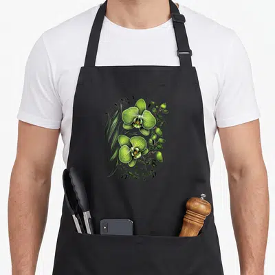 Tablier de cuisine noir avec une illustration colorée de Phalaenopsis Orchidée verte et ses feuilles.