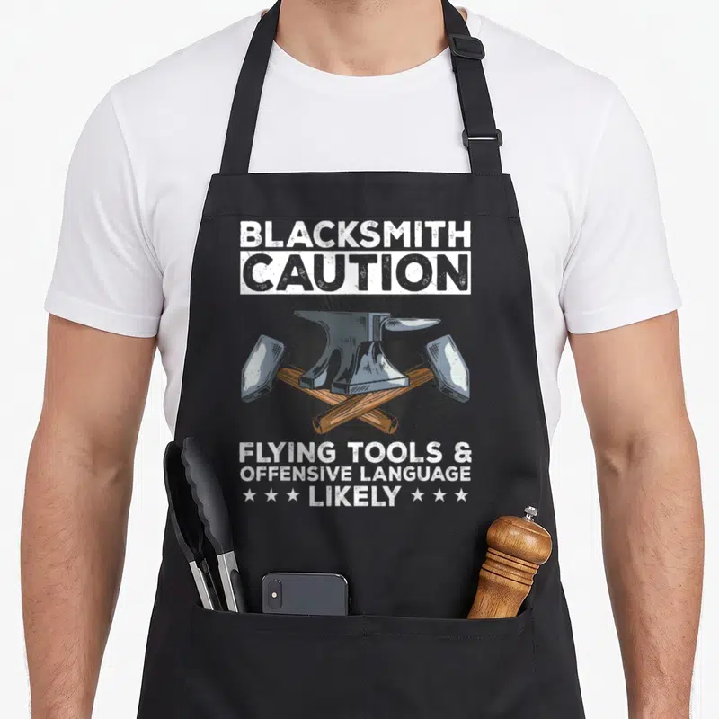 Tablier de cuisine noir avec illustration d'enclume, deux marteaux croisés et le texte Blacksmith Caution Flying Tools Likely.