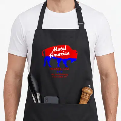 Tablier de cuisine noir avec silhouette bison rouge et bleue Motel America Indiana USA Air Conditioning Free Cable TV
