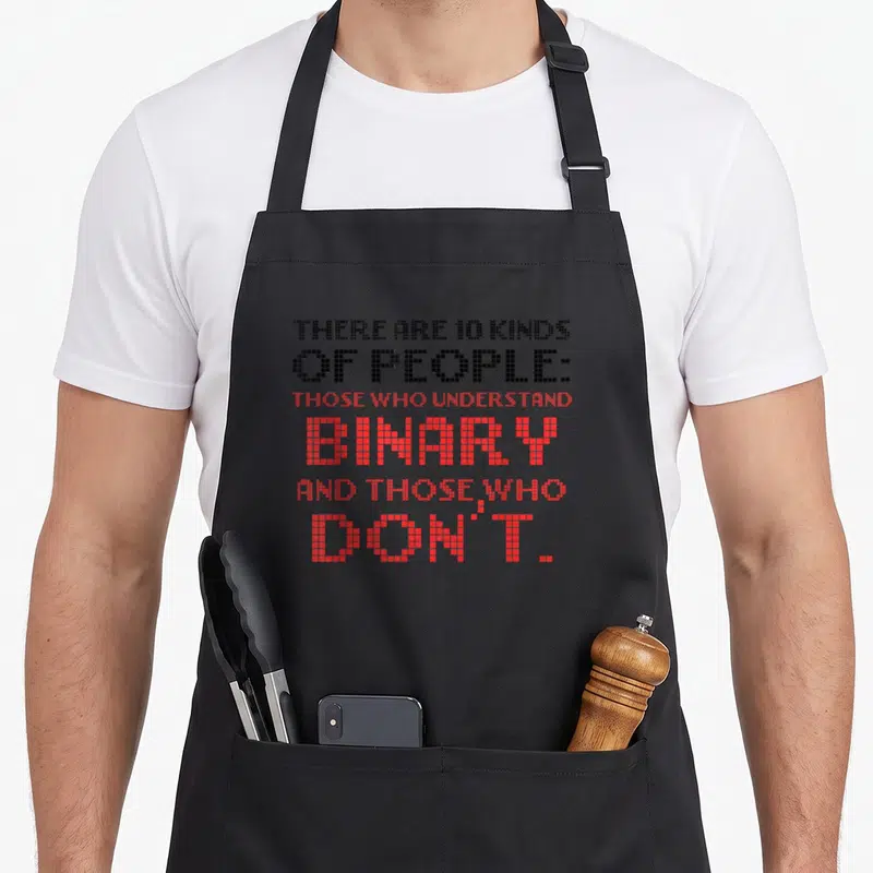 Tablier de cuisine noir avec texte pixelisé noir et rouge parlant des personnes sachant le binaire.