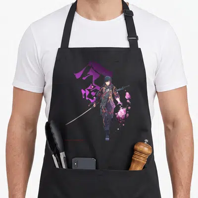 Tablier de cuisine noir avec illustration de Yuito Sumeragi brandissant un sabre et des cristaux roses sous une calligraphie violette.
