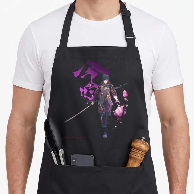 Tablier de cuisine noir avec illustration de Yuito Sumeragi brandissant un sabre et des cristaux roses sous une calligraphie violette.