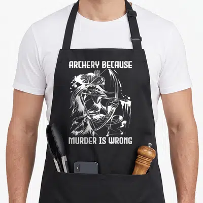 Tablier de cuisine noir avec illustration blanche d'un archer et le texte archery because murder is wrong.
