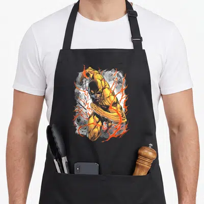 Tablier de cuisine noir avec illustration dorée d'un coureur aux éclairs rouges et fond texturé gris.