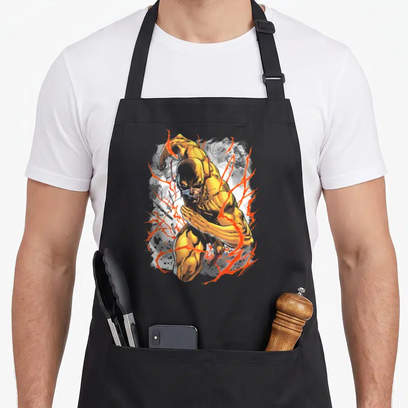 Tablier de cuisine noir avec illustration dorée d'un coureur aux éclairs rouges et fond texturé gris.