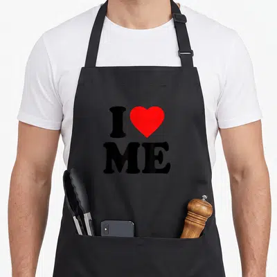 Tablier de cuisine noir avec un grand cœur rouge et les mots I Love Me en typographie noire épaisse.