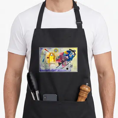 Tablier de cuisine noir avec reproduction d'une peinture abstraite aux formes géométriques colorées et lignes fines.