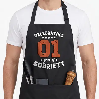 Tablier de cuisine noir avec motif 01 orange et texte CELEBRATING year of SOBRIETY en blanc.