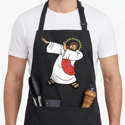 Tablier de cuisine noir avec une illustration colorée de Jésus Christ en train de faire le dab.
