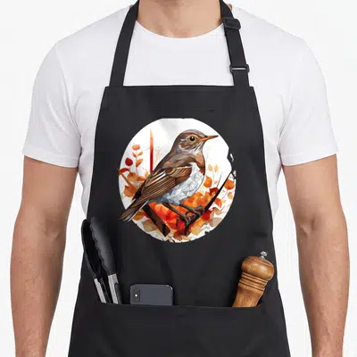 Tablier de cuisine noir avec une grive Bicknell stylisée en art géométrique entourée de feuilles automnales dans un cercle blanc.
