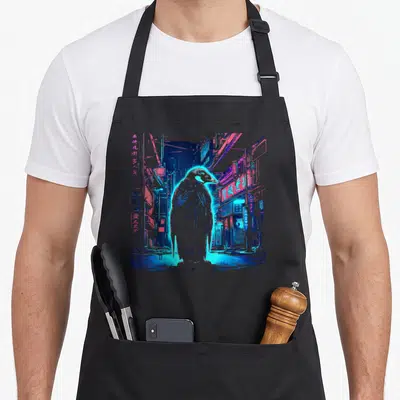 Tablier de cuisine noir avec illustration d'un pingouin aux néons dans une rue urbaine chinoise aux couleurs vives.