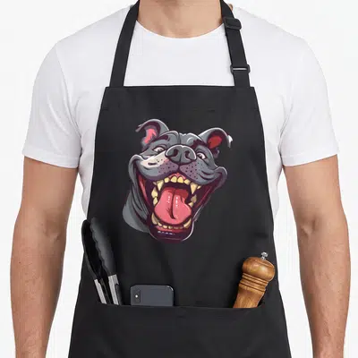 Tablier de cuisine noir avec illustration d'unAmerican Bully cartoon souriant aux dents visibles et langue rose.