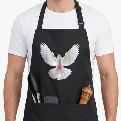 Tablier de cuisine noir avec une colombe blanche aux ailes déployées et des détails roses sur le plumage.