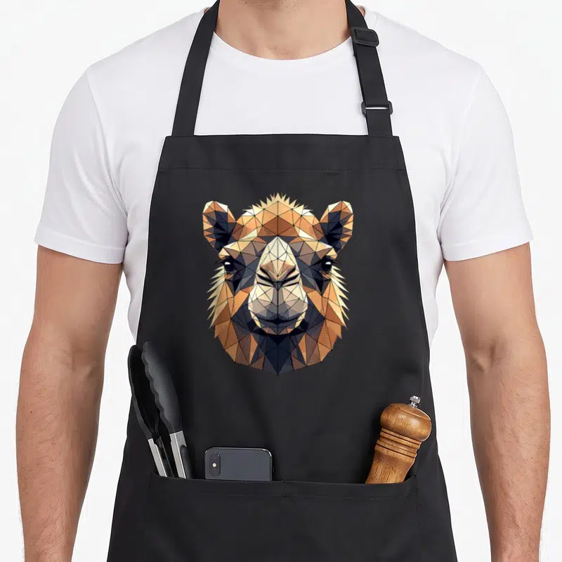 Tablier de cuisine noir avec un portrait de chameau réalisé en art géométrique polygonal aux tons terreux.