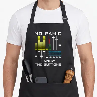 Tablier de cuisine noir avec illustration de table de mixage et texte No Panic I Know The Buttons