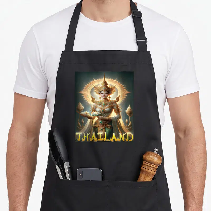 Tablier de cuisine noir avec une déesse thaïlandaise dorée tenant un lotus blanc et le mot THAILAND en bas.