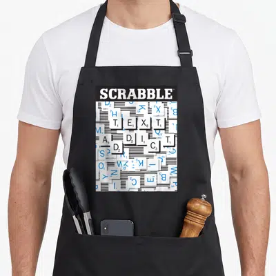 Tablier de cuisine noir avec motif de lettres Scrabble et texte plusieurs tailles