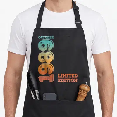 Tablier de cuisine noir avec le texte OCTOBER 1989 LIMITED EDITION en typographie colorée et dégradée.