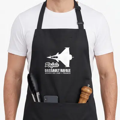Tablier de cuisine noir avec silhouette blanche d'avion Rafale et texte Armée de l'Air France