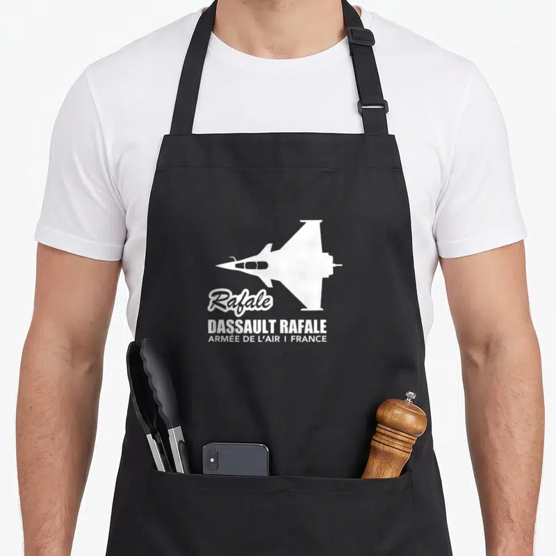 Tablier de cuisine noir avec silhouette blanche d'avion Rafale et texte Armée de l'Air France