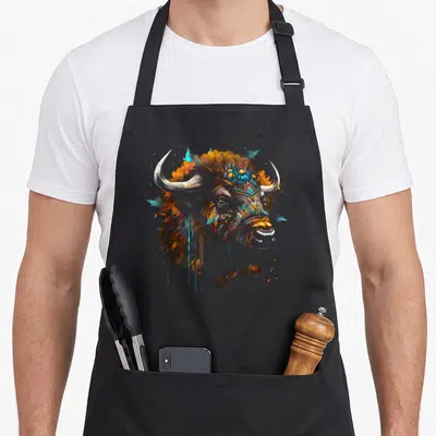 Tablier de cuisine noir avec illustration de tête de bison ornée d'une coiffe tribale aux motifs géométriques bleus et oranges.