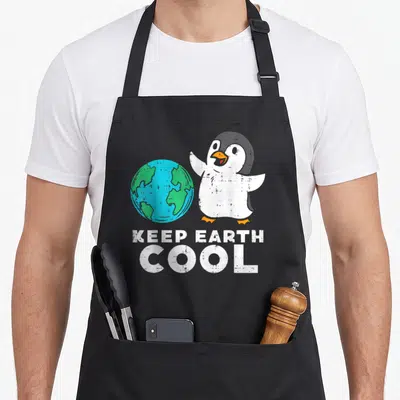 Tablier de cuisine noir avec pingouin blanc et globe terrestre bleu vertKEEP EARTH COOL