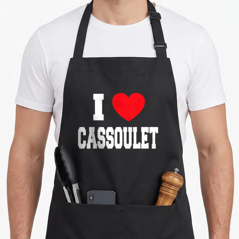 Tablier de cuisine noir avec inscription blanche J'aime Cassoulet et un grand cœur rouge au centre du motif imprimé.