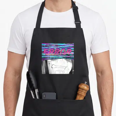 Tablier de cuisine noir avec motif glitch couleur et expression manga en noir et blanc