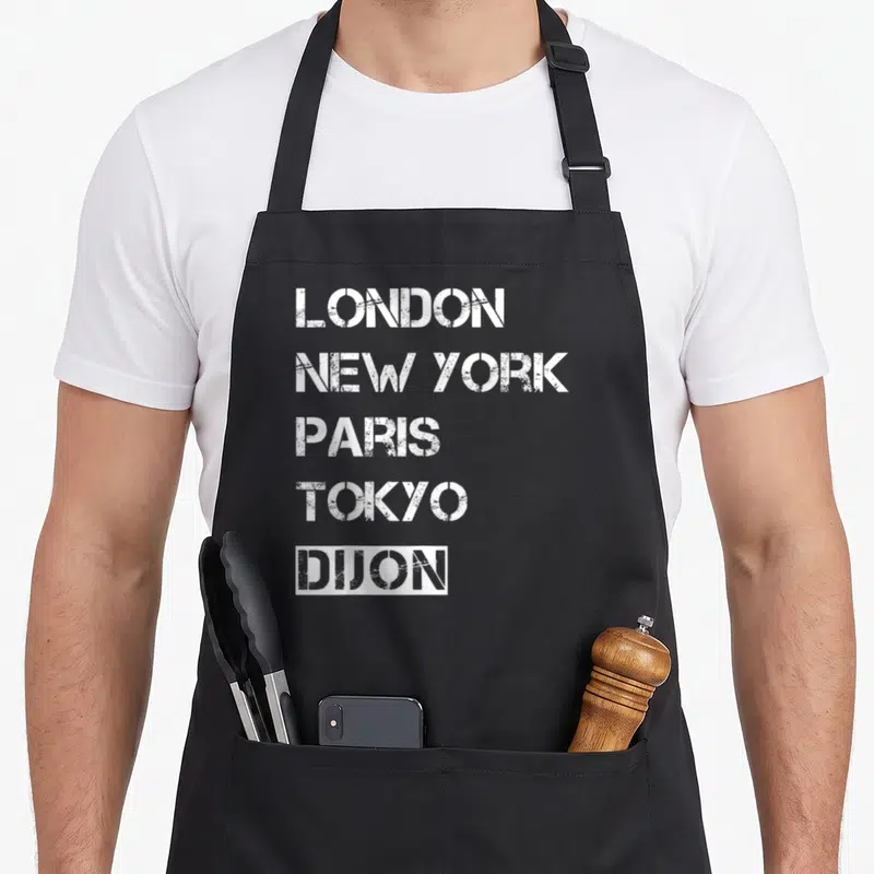 Tablier de cuisine noir avec une liste de villes en lettres blanches dont Dijon est encadré en bas.