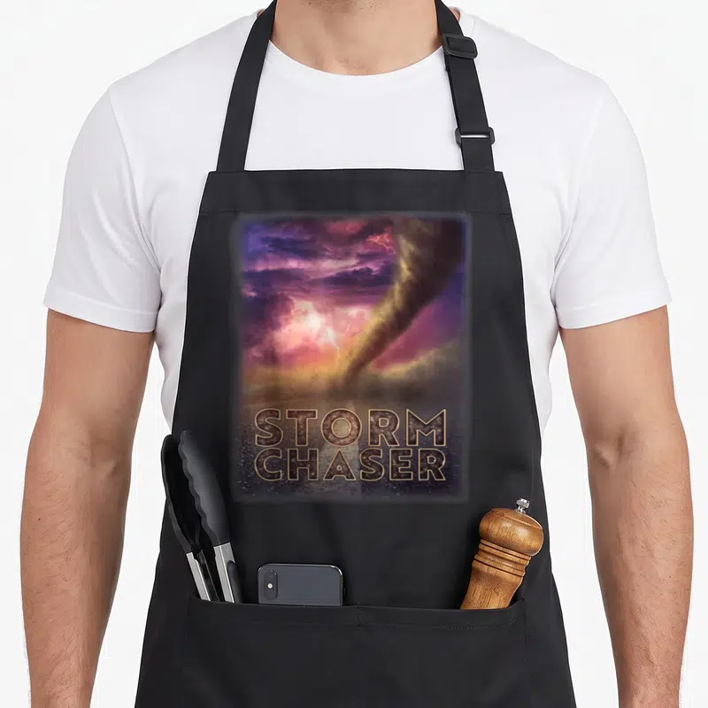 Tablier de cuisine noir avec illustration d'un tornado sous un ciel violet orné de l'inscription Storm Chaser en lettres capitales dorées.