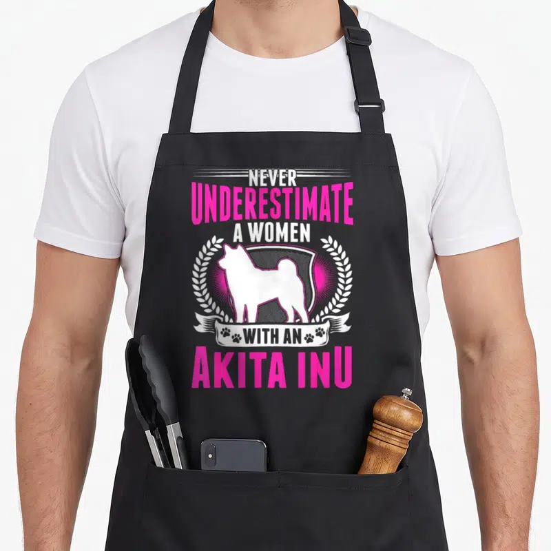 Tablier de cuisine noir avec silhouette blanche d'Akita Inu encadrée de couronnes et texte rose vif.