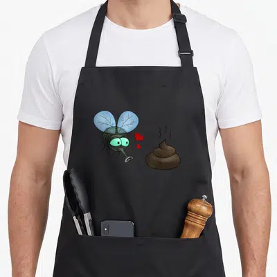 Tablier de cuisine noir avec illustration d'une mouche bleue regardant un tas de crotte avec des coeurs rouges.