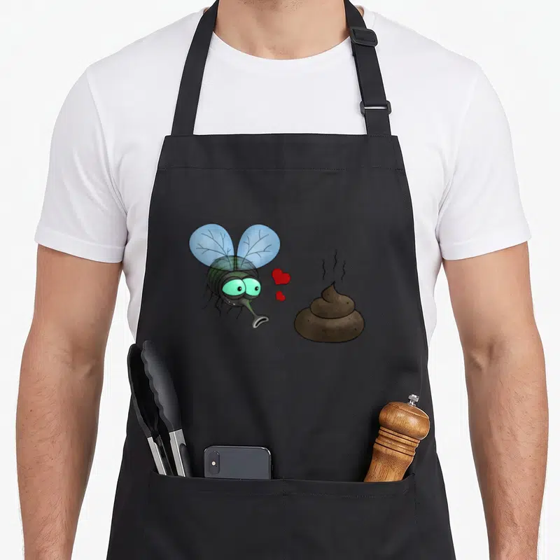 Tablier de cuisine noir avec illustration d'une mouche bleue regardant un tas de crotte avec des coeurs rouges.