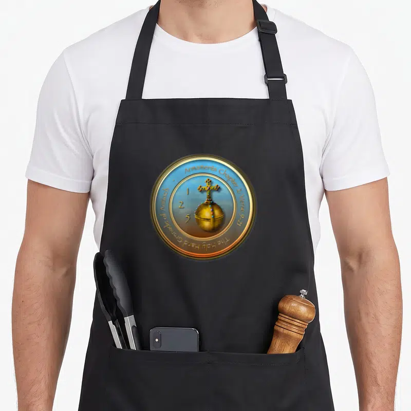 Tablier de cuisine noir avec le sceau circulaire doré de la Holy Hand Grenade d'Antioch sur fond bleu clair.