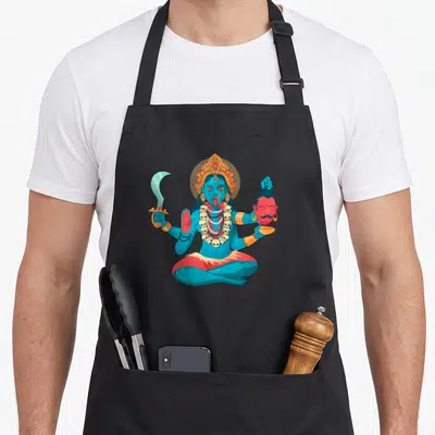 Tablier de cuisine noir avec illustration colorée de la déesse Kali assise tenant un sabre et une tête.
