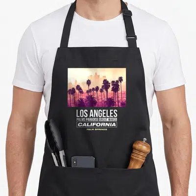 Tablier de cuisine noir avec illustration de palmiers et texte Los Angeles California Palms Paradise « Grandes Vagues » Palm Springs.