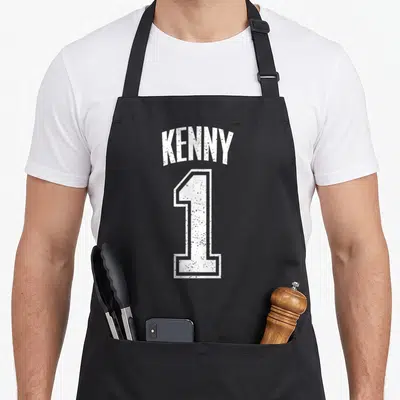 Tablier de cuisine noir avec inscription blanche Kenny 1 style maillot de sport dégradé.