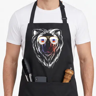 Tablier de cuisine noir avec tête de lion portant des lunettes aux reflets du drapeau de Mayotte