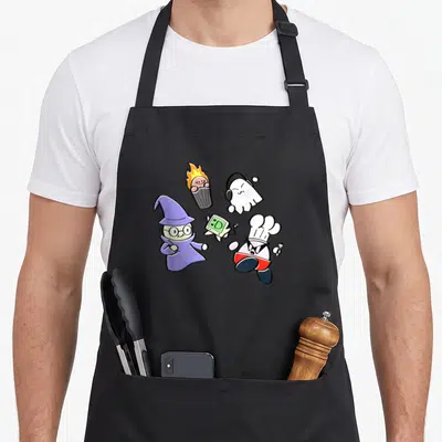Tablier de cuisine noir avec une illustration colorée de personnages de jeu vidéo stylisés en groupe.