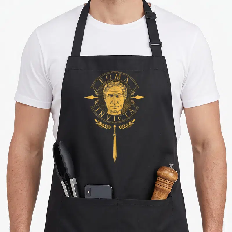 Tablier de cuisine noir avec le portrait doré de Jules César et l'inscription Roma Invicta entouré de lauriers et d'une épée.