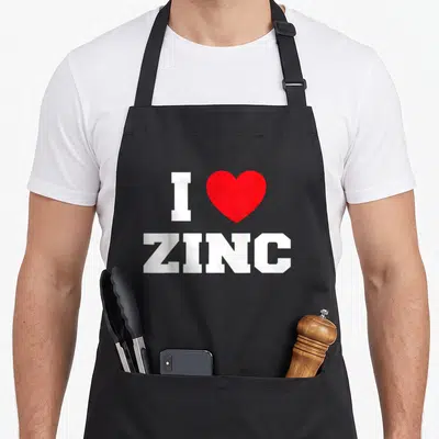 Tablier de cuisine noir avec un cœur rouge et le texte I ZINC imprimé en blanc au centre.