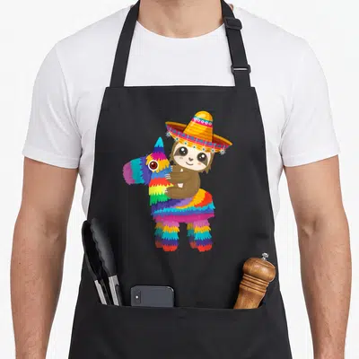 Tablier de cuisine noir avec un paresseux en sombrero tenant une piñata multicolore aux franges vives.