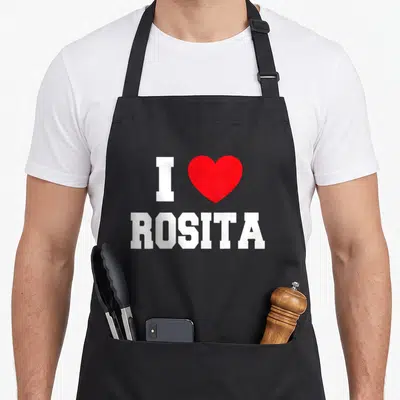 Tablier de cuisine noir avec inscription blanche I cœur rouge ROSITA en majuscules.