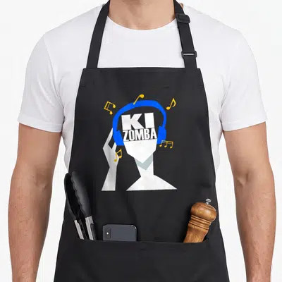 Tablier de cuisine noir avec illustration casque bleu et texte Mes écouteurs ne fonctionnent que pour Kizomba entouré de notes musicales dorées.